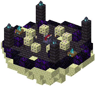 3D render of a dark blackstone platform with obsidian, soul lanterns and a ritual altar on an end stone island