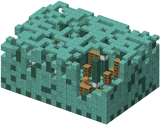 3D render of a large prismarine hall with a collapsed roof and bookshelves inside